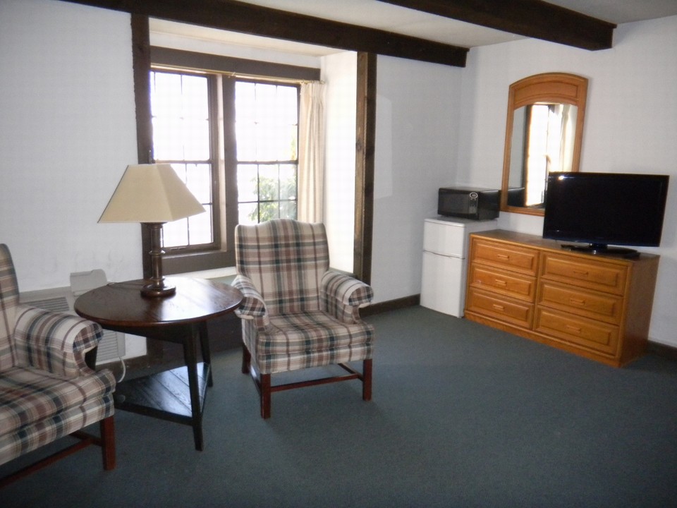 typical hotel room, ac, armchairs, refrigerator, microwave, flatscreen cable tv, window seat