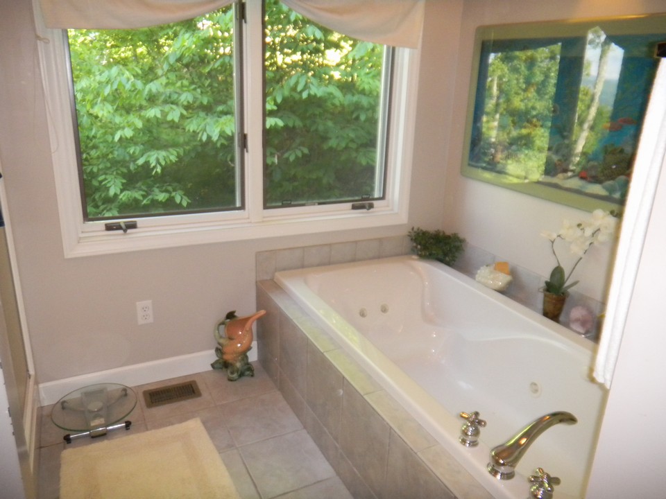 jacuzzi tub in insuite master bathroom surrounded by forest.